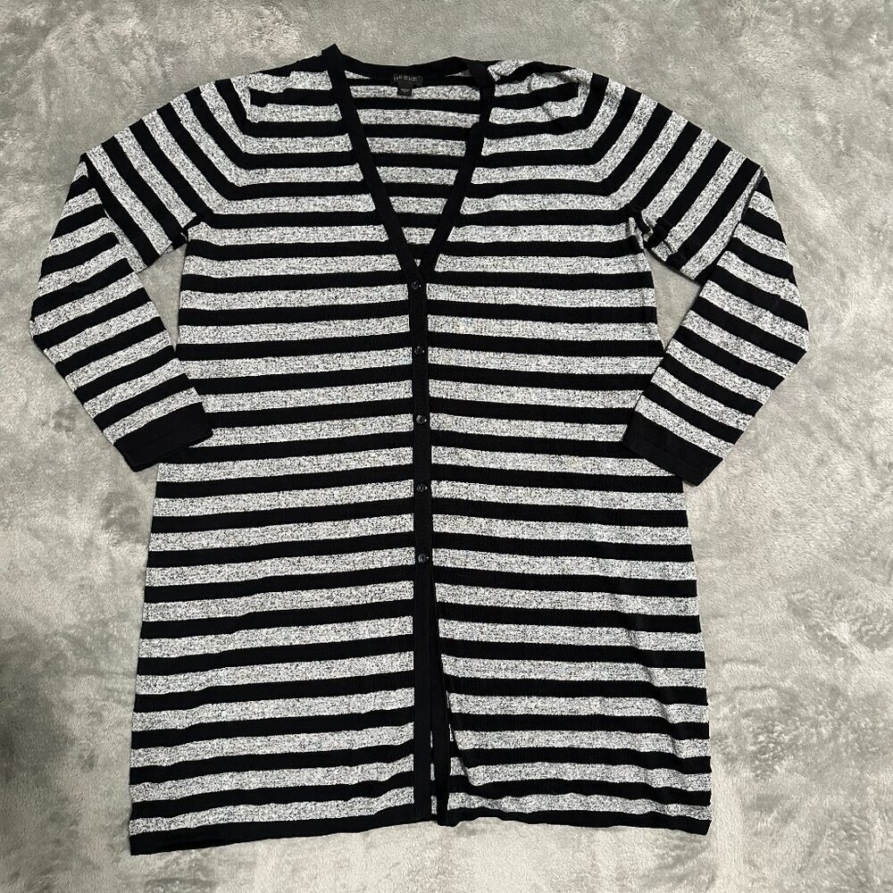 J. Jill Wearever Collection Gray Black Long Line Striped Cardigan Women's LARGE